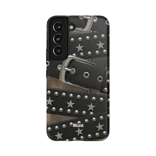 Midnight Hardware Samsung Case: silver buckles and stars on black leather straps