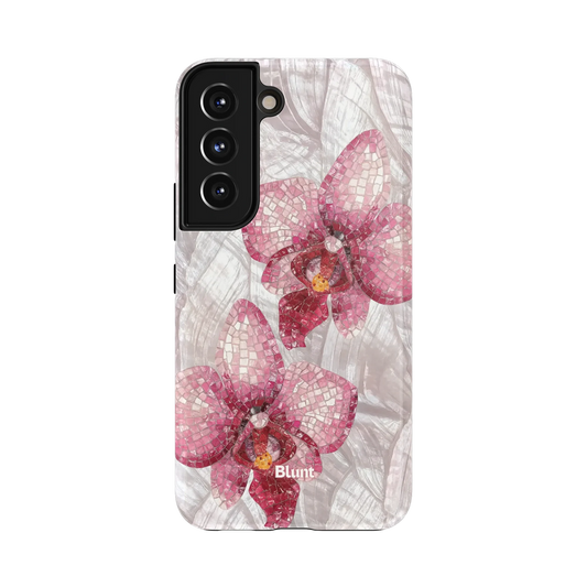 Pink Mosaic Orchids Samsung Case: pink mosaic-style orchids set against a textured white ground